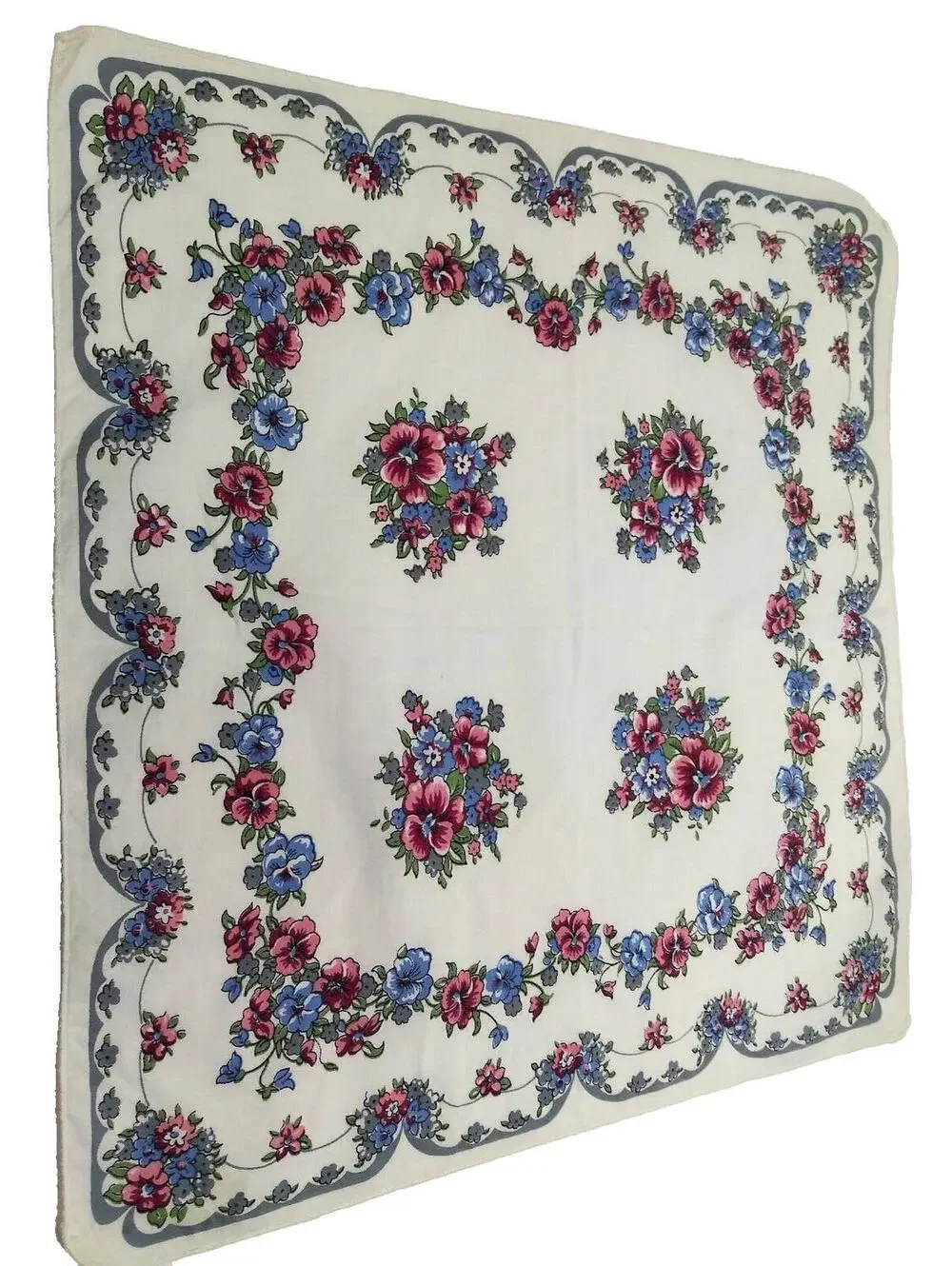 Vintage Hankie Cotton Gray White Floral Periwinkle Floral Handkerchief Placemat